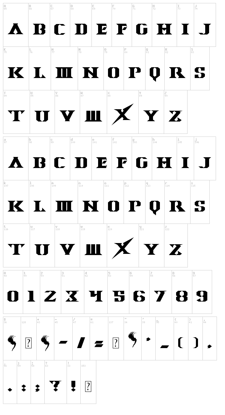 Space Angel font map